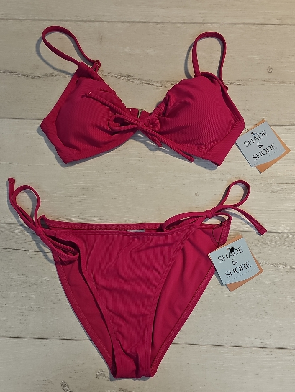 Shade & Shore Women's S Ribbed Bikini Set in a Fuschia Pink with Tie-Sides